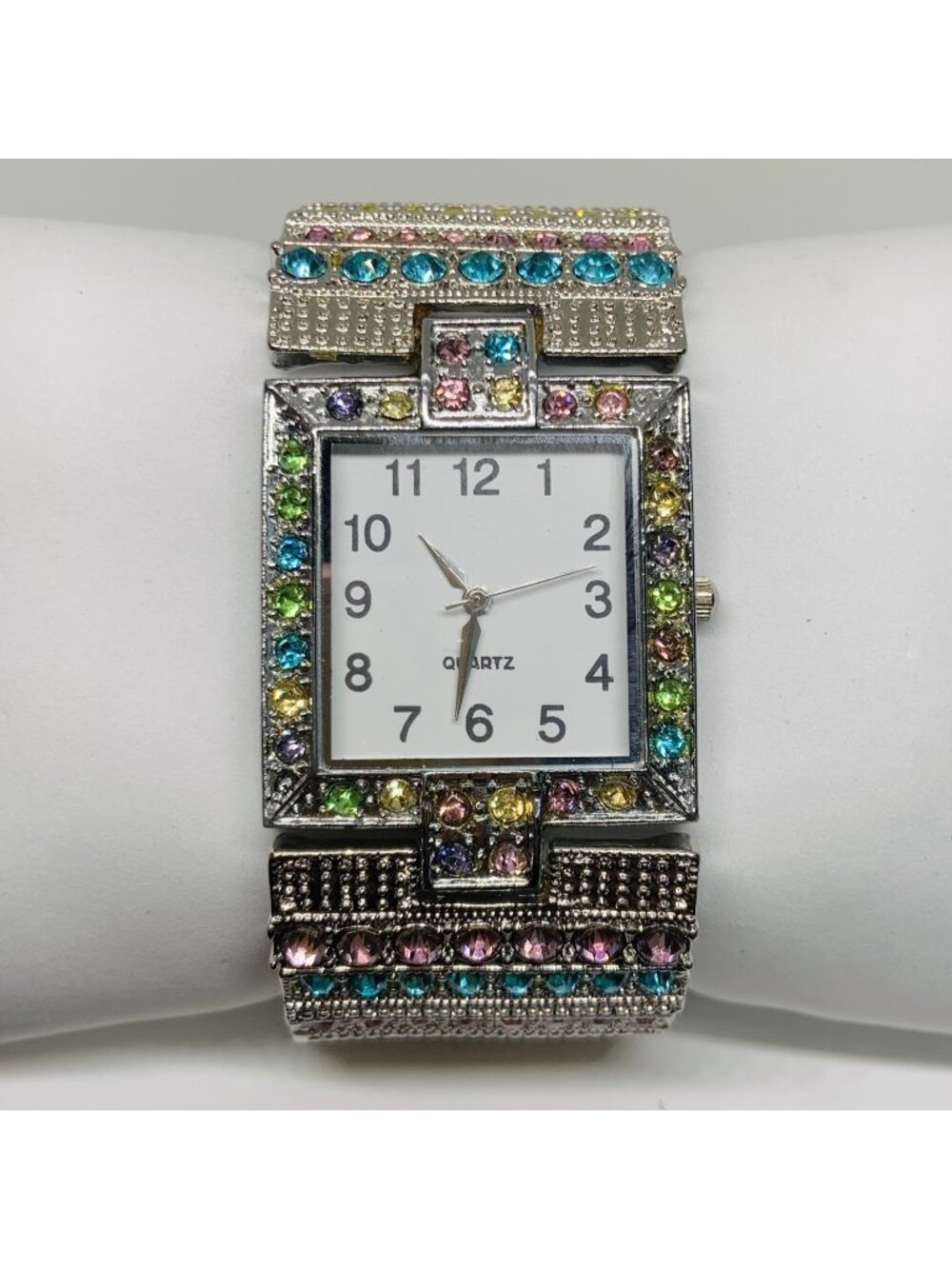 Silver tone colorful crystal women watch 32mm quartz analog elastic band running